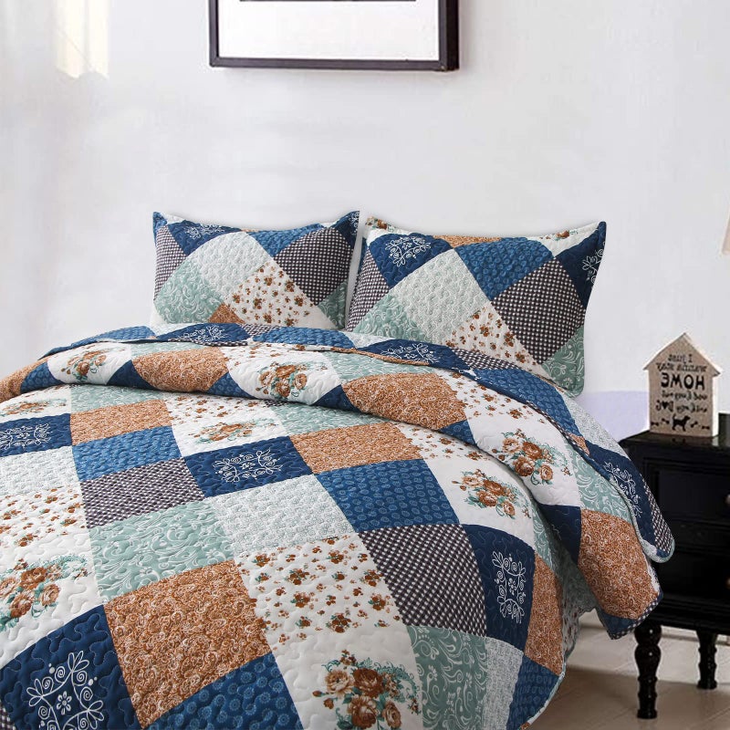 Dinjoy Reversible Patchwork Quilt Bedding Set Queen Size Blue Green Grey Plaid Floral Pattern Bedspread Set Soft Microfiber Coverlets Bed Set 3 Pieces Fall Autumn All Season Use - Image 3